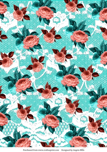 A4 Paper Coral and Turquoise Roses on Turquoise Linen/Lace Background