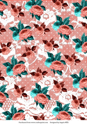 A4 Paper Coral and Turquoise Roses on Coral Linen/Lace Background