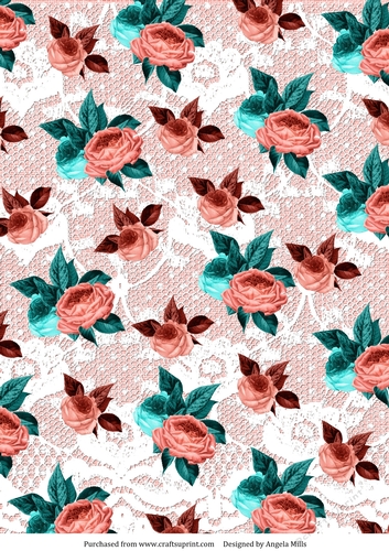 A4 Paper Coral and Turquoise Roses on Pale Pink Linen/Lace Background