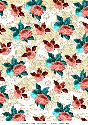 A4 Paper Coral and Turquoise Roses on Pale Yellow Linen/Lace Background