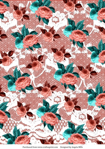 A4 Paper Coral and Turquoise Roses on Antique Rose Linen/Lace Background