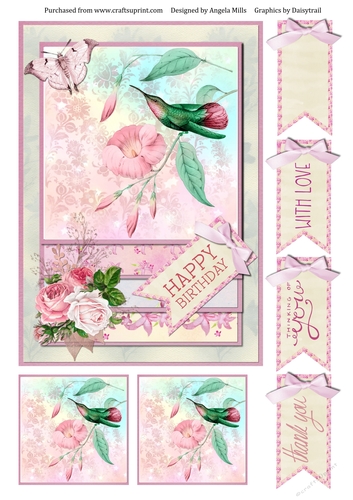 A5 Card Front Pink/Green Hummingbird/Floral with Toppers and Sentiment Tags
