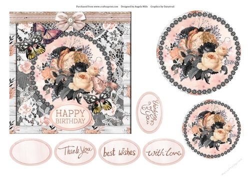 6 x 6 Card Front Peach/Grey Floral/Lace/Butterflies with Toppers and Sentiments