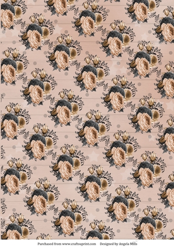 A4 Paper Peach/Grey Floral on Fawn Background