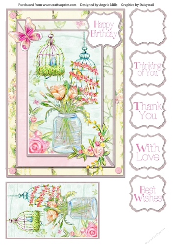 A5 Card Front Floral Vase/Birdcages with Topper and Sentiments Pink/Aqua