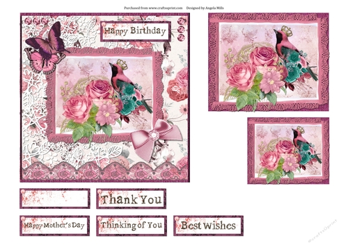 6 x 6 Card Front Pink/Teal Floral Bird on Lacy Pink/White Floral Background