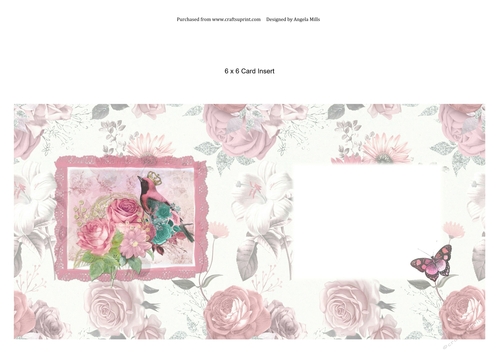 6 x 6 Card Insert Pink/Teal Floral Bird on Pink and White Floral Background