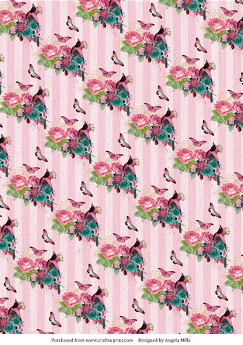A4 Paper Pink/Teal Floral Bird/Butterflies on Pink Striped Background