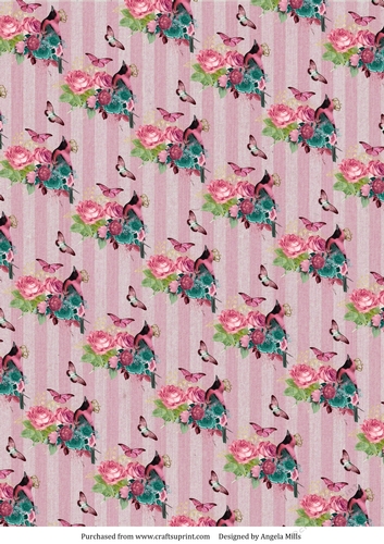 A4 Paper Pink/Teal Floral Bird/Butterflies on Dusky Rose Striped Background