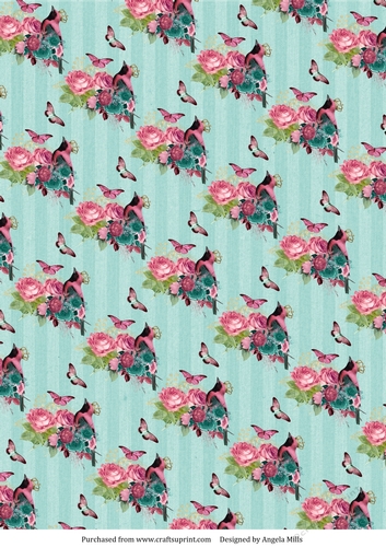 A4 Paper Pink/Teal Floral Bird/Butterflies on Aqua Striped Background