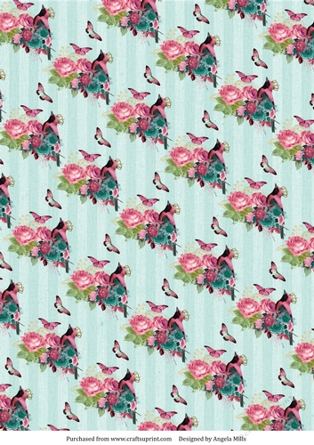 A4 Paper Pink/Teal Floral Bird/Butterflies on Pale Aqua Striped Background
