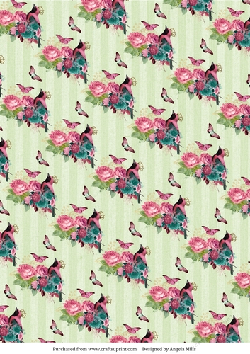 A4 Paper Pink/Teal Floral Bird/Butterflies on Pale Green Striped Background