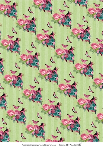 A4 Paper Pink/Teal Floral Bird/Butterflies on Green Striped Background