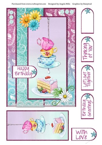 A5 Card Front Teacups/Cake with Topper and Sentiment Tags, Violet/Turquoise.Pink