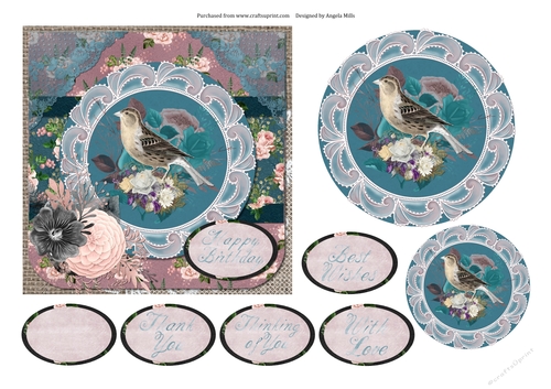 6 x 6 Card Front Floral Bird with Toppers and Sentiments Taupe/Teal/Pink