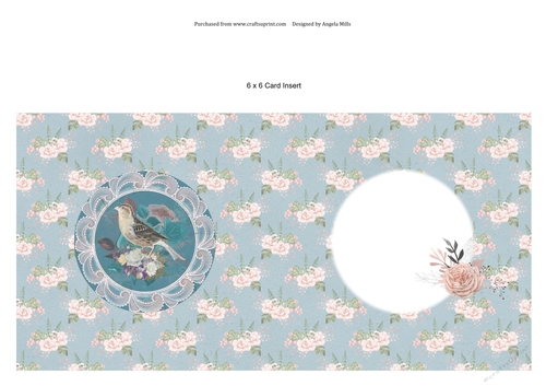 6 x 6 Card Insert Floral Bird on Floral Background Blue/Pink, Blank
