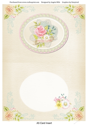 A5 Card Insert Floral with Old Paper Background and Floral Lace Corners