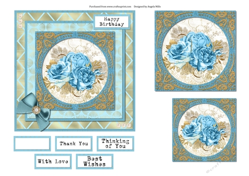 6 x 6 Card Front Blue/Gold Roses with Toppers and Sentiments
