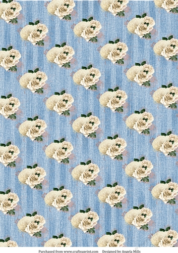 A4 Paper White Roses on Faded Denim Striped Background, Indigo