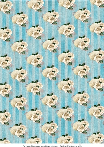 A4 Paper White Roses on Faded Denim Striped Background, Teal/Grey