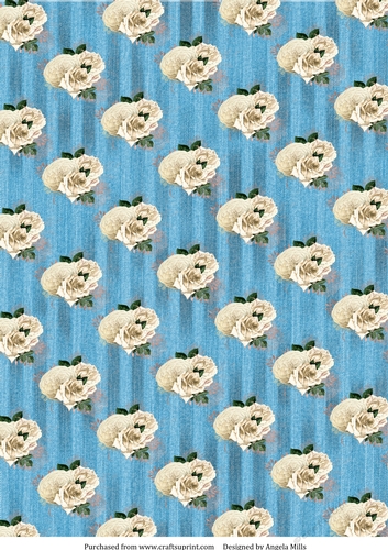 A4 Paper White Roses on Faded Denim Striped Background, Slate Blue
