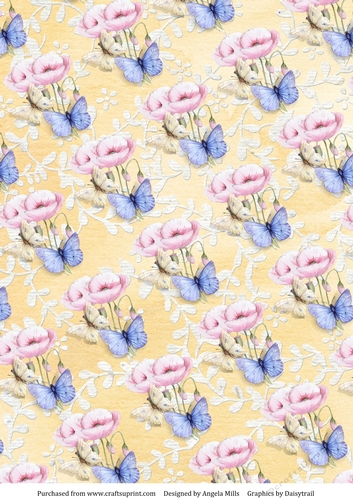 A4 Paper Butterflies/Pink Poppies on Pale Yellow Floral Background