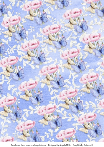 A4 Paper Butterflies/Pink Poppies on Periwinkle Blue Floral Background