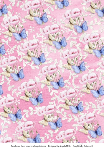 A4 Paper Butterflies/Pink Poppies on Pink Floral Background