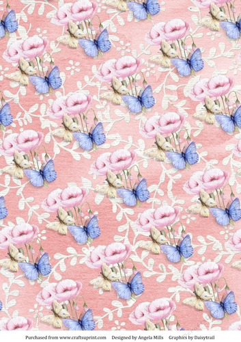 A4 Paper Butterflies/Pink Poppies on Pink Floral Background