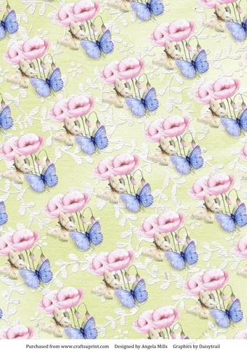 A4 Paper Butterflies/Pink Poppies on Light Green Floral Background