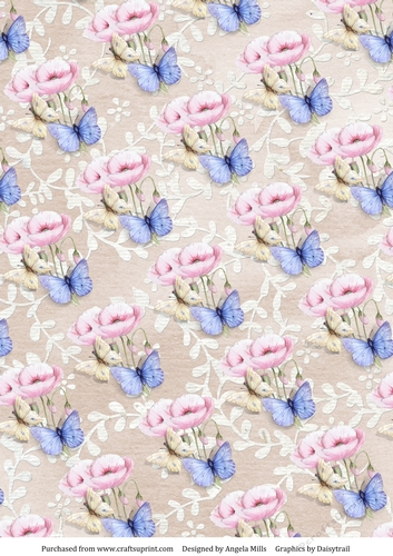 A4 Paper Butterflies/Pink Poppies on Fawn Floral Background