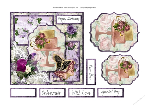 6 x 6 Card Front Shabby Chic Floral Cake with Toppers and Sentiments Violet/Cream