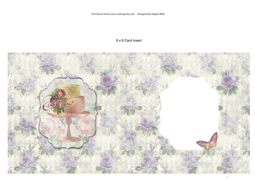 6 x 6 Card Insert Shabby Chic Floral Cake on Cream/Violet Floral Background, Blank
