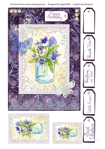 A5 Card Front Pansy Vase/Papercut Butterflies with Toppers and Sentiment Tags, Violet