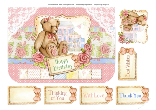 A5 Card Front Teddy Bear with Topper and Sentiment Tags, Pink/Lace Background
