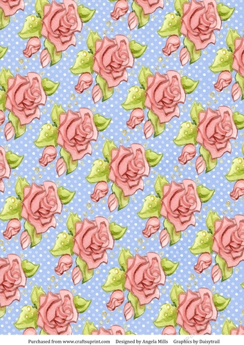A4 Paper Pink Roses on Blue/White Dotted Background
