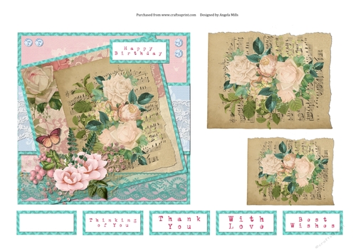 6 x 6 Card Front Shabby Chic Floral/Lace/Old Paper with Toppers and Sentiments Pink/Aqua