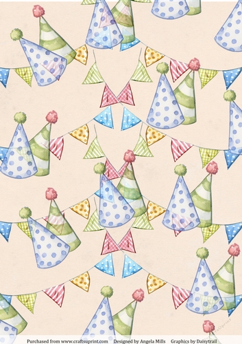 A4 Paper Blue/Green Party Hats/Bunting on Cream Background