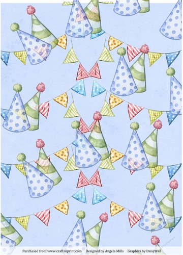 A4 Paper Blue/Green Party Hats/Bunting on Blue Background