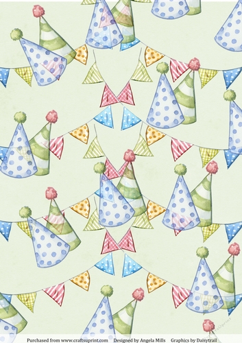 A4 Paper Blue/Green Party Hats/Bunting on Green Background