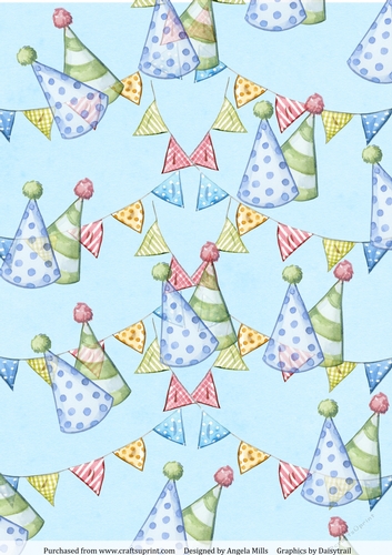A4 Paper Blue/Green Party Hats/Bunting on Cerulean Blue Background