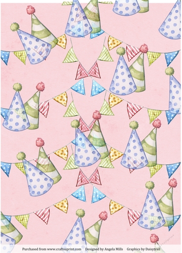 A4 Paper Blue/Green Party Hats/Bunting on Pink Background