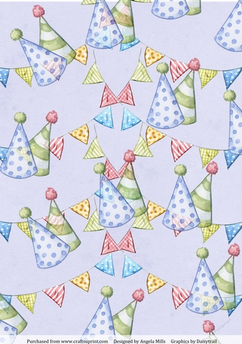 A4 Paper Blue/Green Party Hats/Bunting on Lilac Background