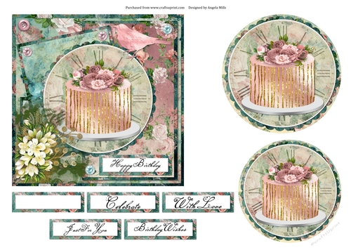 6 x 6 Card Front Shabby Chic Cake/Clock/Floral with Toppers and Sentiments Green/Pink
