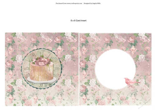 6 x 6 Card Insert Shabby Chic Cake/Clock/Floral on Pink Floral Background, Blank