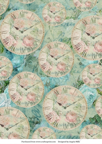 A4 Paper Shabby Chic Clocks on Blue Floral Background