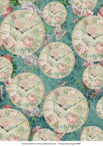 A4 Paper Shabby Chic Clocks on Teal Floral Background