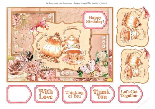 A5 Card Front Floral Teapot/Teacup with Toppers and Sentiment Tags Peach/Cream