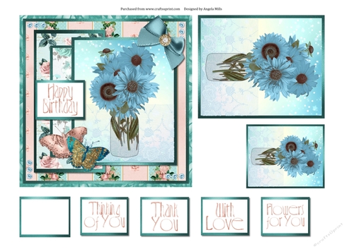 6 x 6 Card Front Blue Sunflowers with Toppers and Sentiments