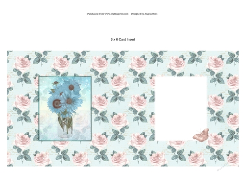 6 x 6 Card Insert Blue Sunflowers on Blue/Pink Floral Background, Blank